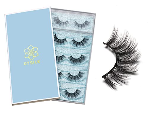 DYSILK 5 Pairs 6D Mink Eyelashes Faux lashes Cross Fluffy Natural Look False Eyelashes Wispies Long Extension Eyelashes Pack Makeup Thick Fake Eyelashes Soft Reusable Lashes No Glue |001-15mm