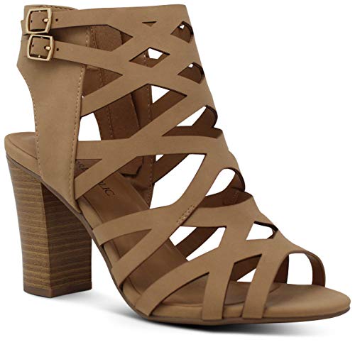 Marco Republic Casablanca Women's Open Toe Strappy Laser Cutout Caged Chunky High Heels Dress Sandals - (Sand NB)- 9