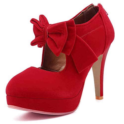 Mostrin Fashion Vintage Womens Small Bowtie Platform Pumps Ladies Sexy High Heeled Shoes Red4, 7.5 B(M) US
