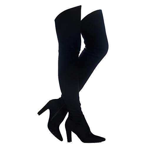 Shoe'N Tale Women Stretch Suede Chunky Heel Thigh High Over The Knee Boots(8.5,Black)
