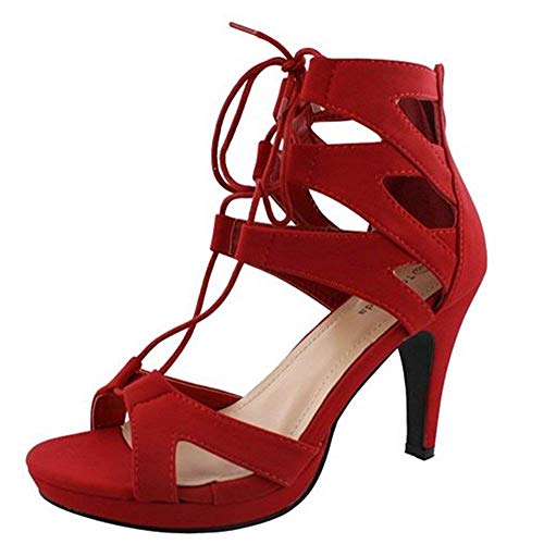 Top Moda Women's Pebble-2 Gladiator Lace Up Bootie Sandals, Red 8.5